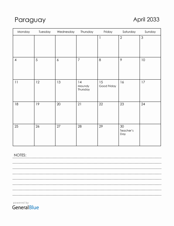 April 2033 Paraguay Calendar with Holidays (Monday Start)