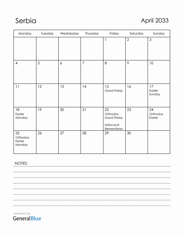 April 2033 Serbia Calendar with Holidays (Monday Start)