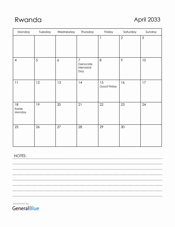 April 2033 Rwanda Calendar with Holidays (Monday Start)