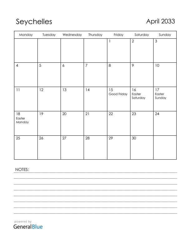 April 2033 Seychelles Calendar with Holidays (Monday Start)