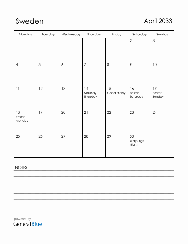 April 2033 Sweden Calendar with Holidays (Monday Start)