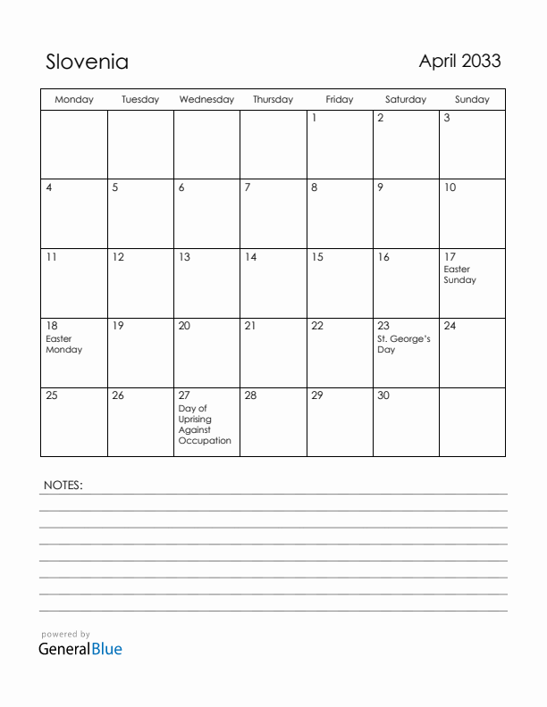 April 2033 Slovenia Calendar with Holidays (Monday Start)