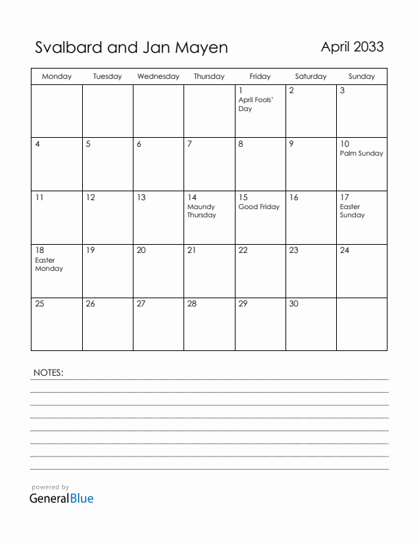 April 2033 Svalbard and Jan Mayen Calendar with Holidays (Monday Start)