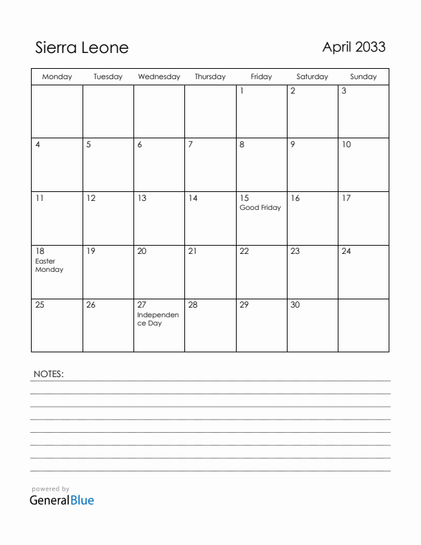 April 2033 Sierra Leone Calendar with Holidays (Monday Start)