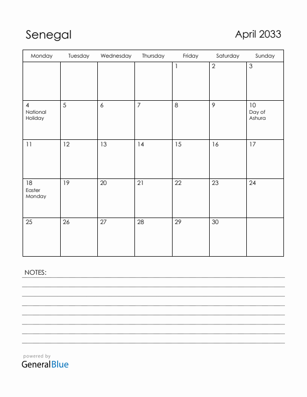 April 2033 Senegal Calendar with Holidays (Monday Start)