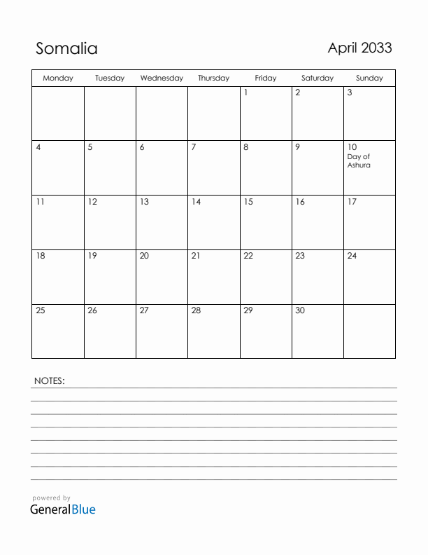 April 2033 Somalia Calendar with Holidays (Monday Start)