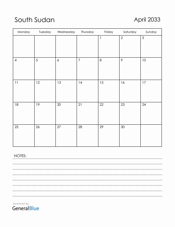 April 2033 South Sudan Calendar with Holidays (Monday Start)
