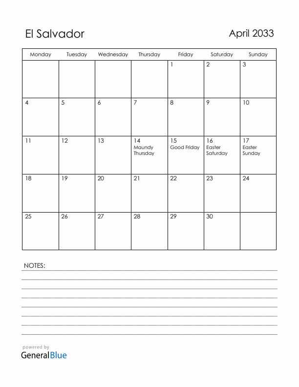 April 2033 El Salvador Calendar with Holidays (Monday Start)