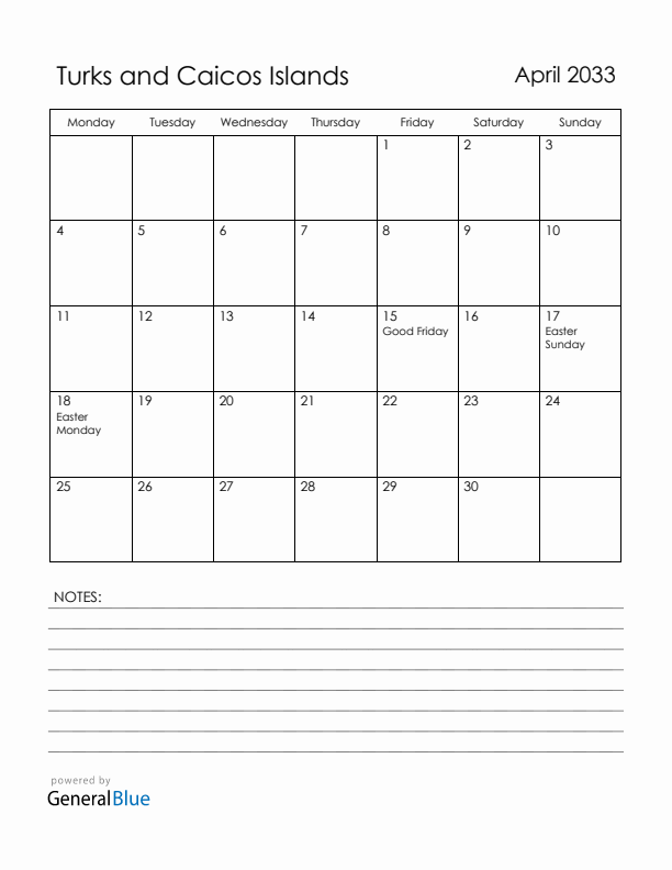 April 2033 Turks and Caicos Islands Calendar with Holidays (Monday Start)