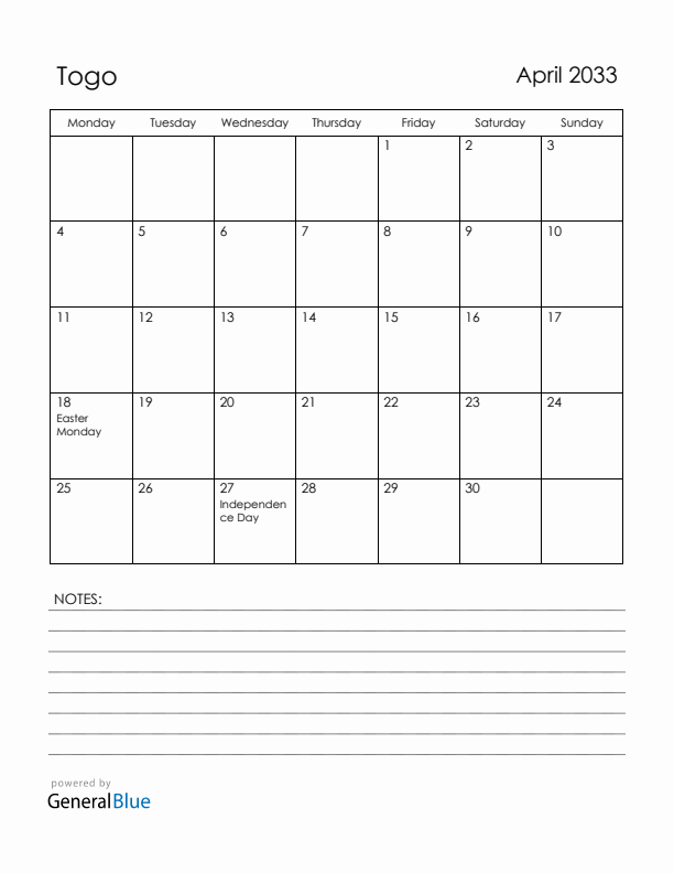 April 2033 Togo Calendar with Holidays (Monday Start)
