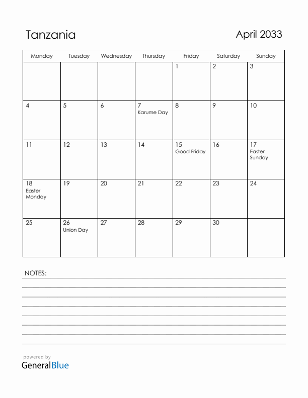 April 2033 Tanzania Calendar with Holidays (Monday Start)