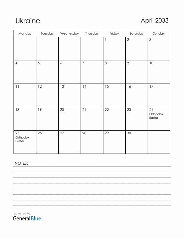 April 2033 Ukraine Calendar with Holidays (Monday Start)