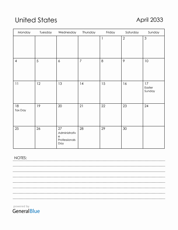 April 2033 United States Calendar with Holidays (Monday Start)