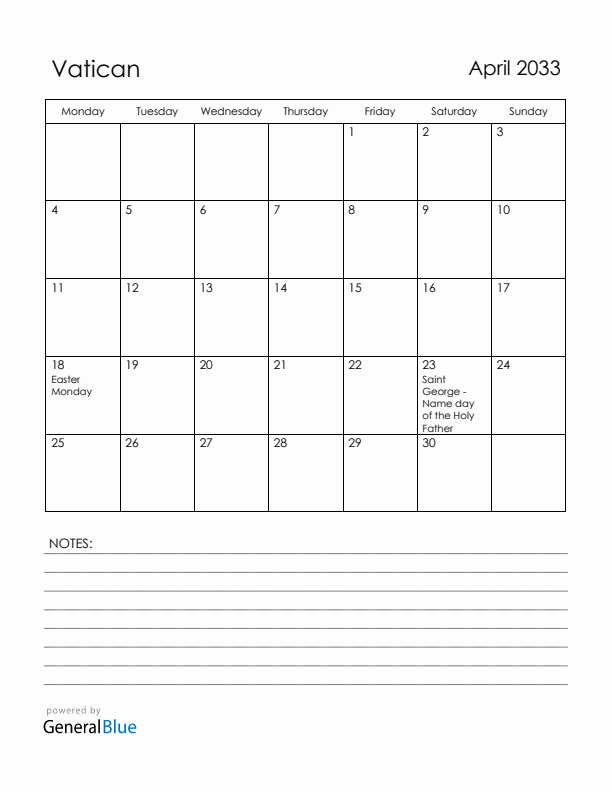 April 2033 Vatican Calendar with Holidays (Monday Start)