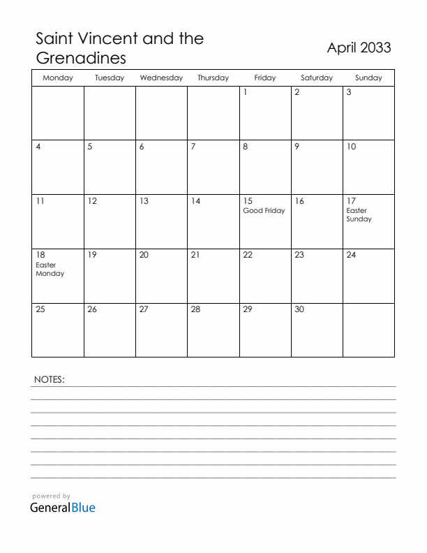 April 2033 Saint Vincent and the Grenadines Calendar with Holidays (Monday Start)