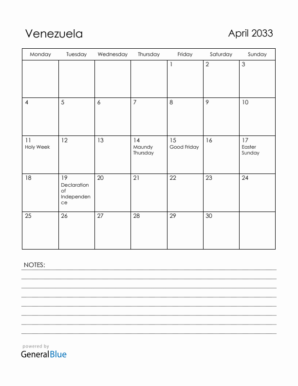 April 2033 Venezuela Calendar with Holidays (Monday Start)