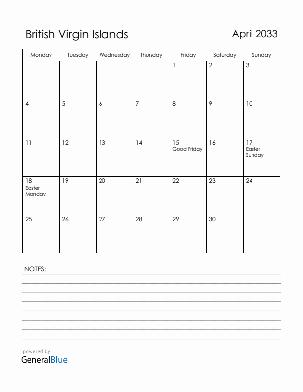 April 2033 British Virgin Islands Calendar with Holidays (Monday Start)
