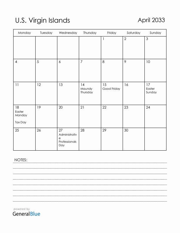 April 2033 U.S. Virgin Islands Calendar with Holidays (Monday Start)
