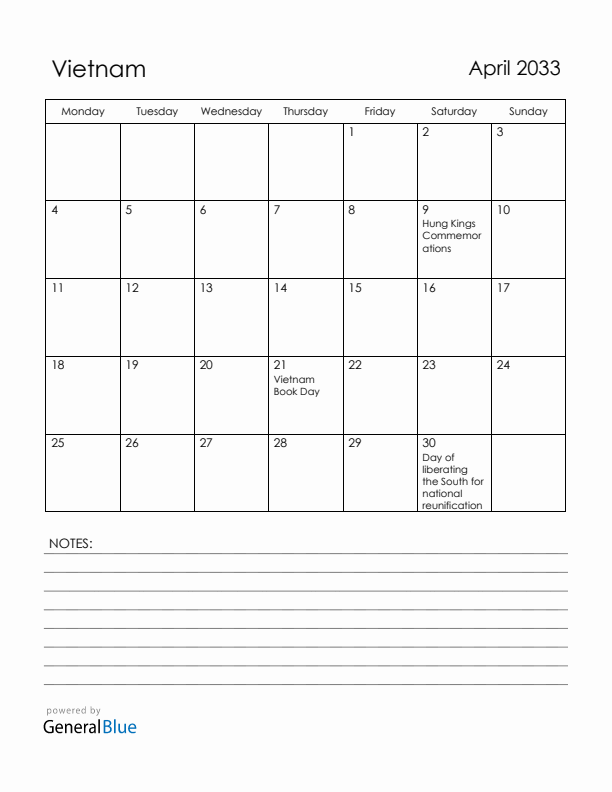 April 2033 Vietnam Calendar with Holidays (Monday Start)