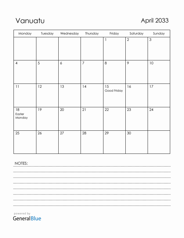 April 2033 Vanuatu Calendar with Holidays (Monday Start)