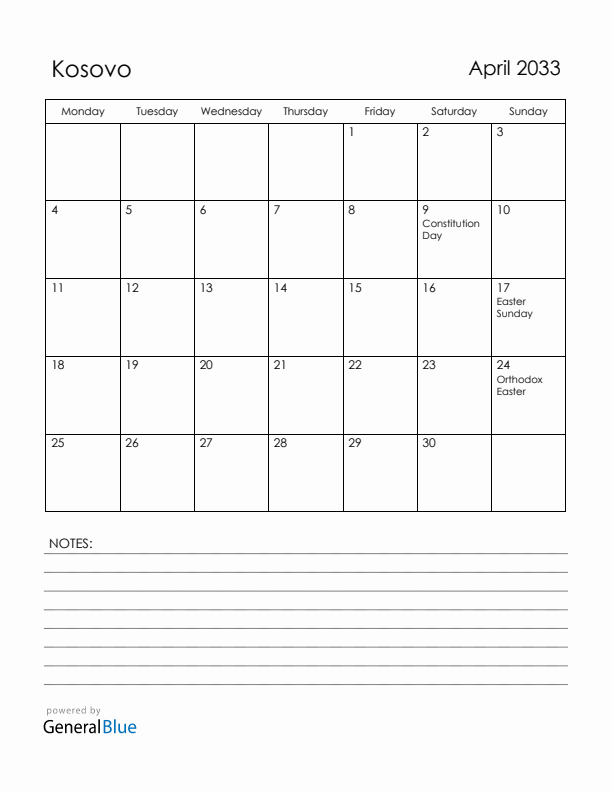 April 2033 Kosovo Calendar with Holidays (Monday Start)