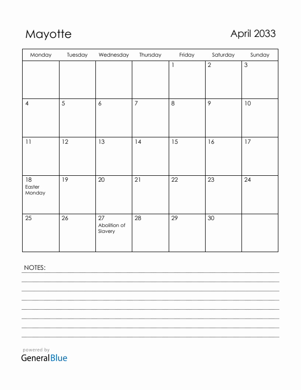 April 2033 Mayotte Calendar with Holidays (Monday Start)