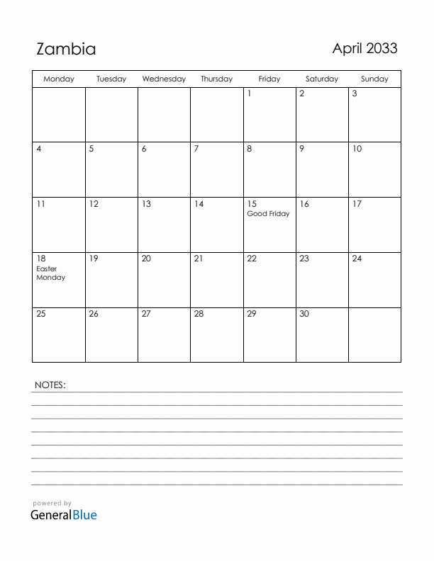 April 2033 Zambia Calendar with Holidays (Monday Start)
