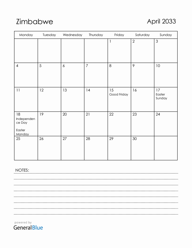 April 2033 Zimbabwe Calendar with Holidays (Monday Start)