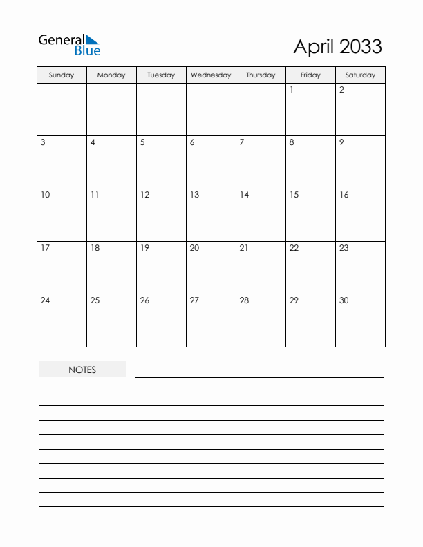 Printable Calendar with Notes - April 2033 