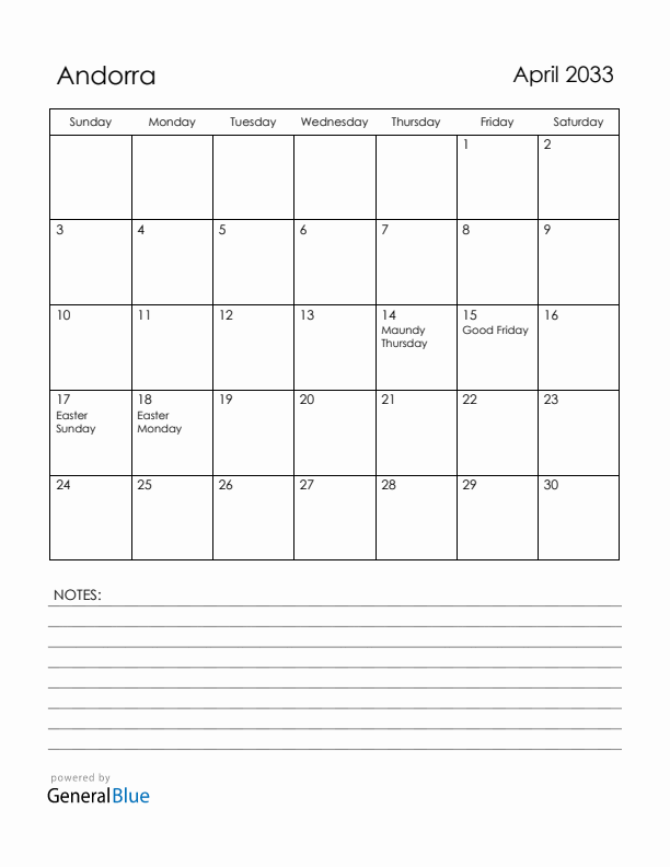 April 2033 Andorra Calendar with Holidays (Sunday Start)