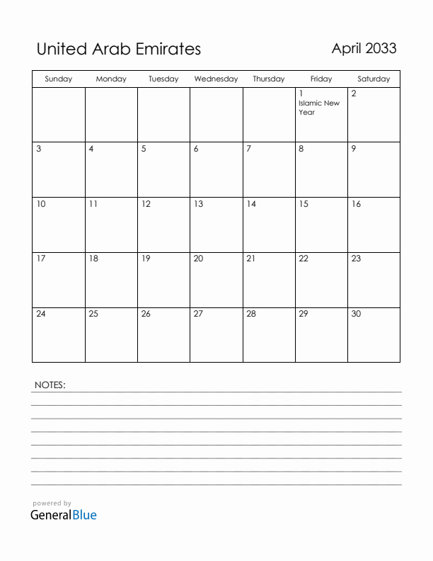 April 2033 United Arab Emirates Calendar with Holidays (Sunday Start)