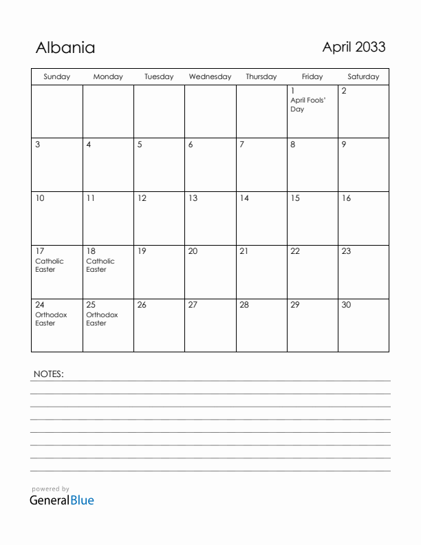 April 2033 Albania Calendar with Holidays (Sunday Start)