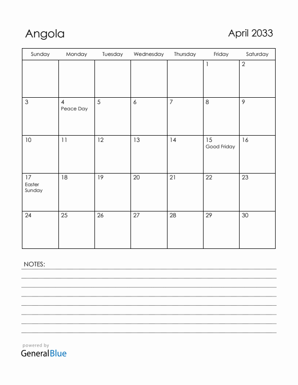 April 2033 Angola Calendar with Holidays (Sunday Start)