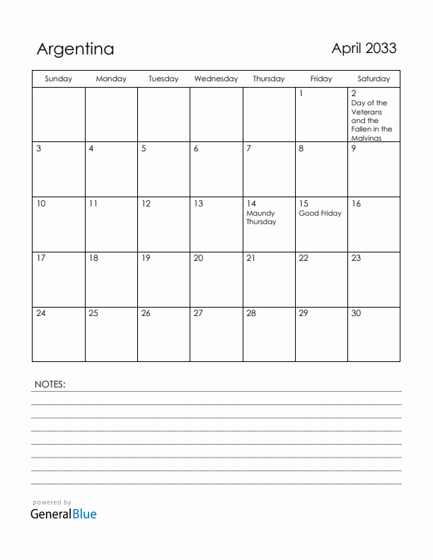 April 2033 Argentina Calendar with Holidays (Sunday Start)