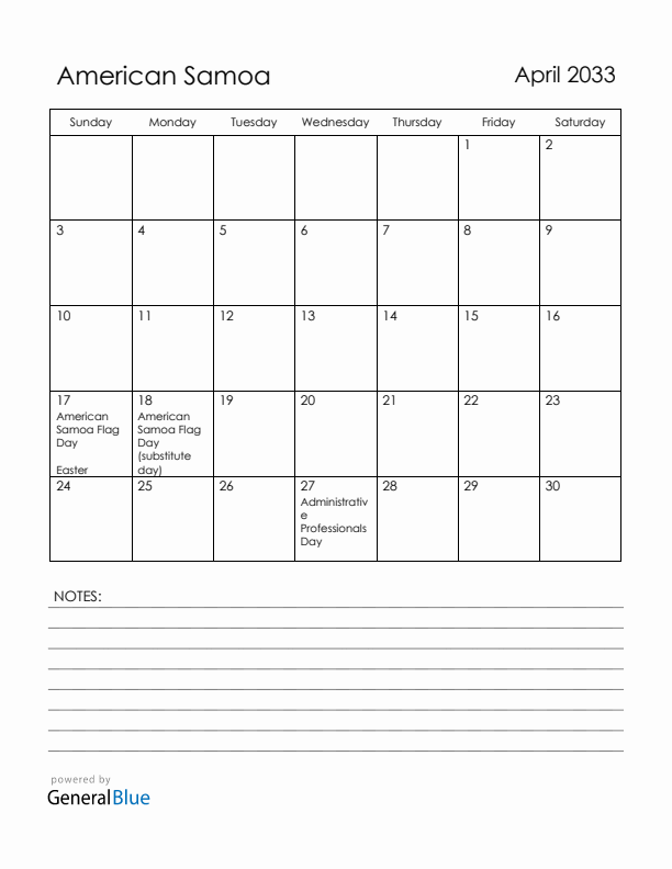 April 2033 American Samoa Calendar with Holidays (Sunday Start)