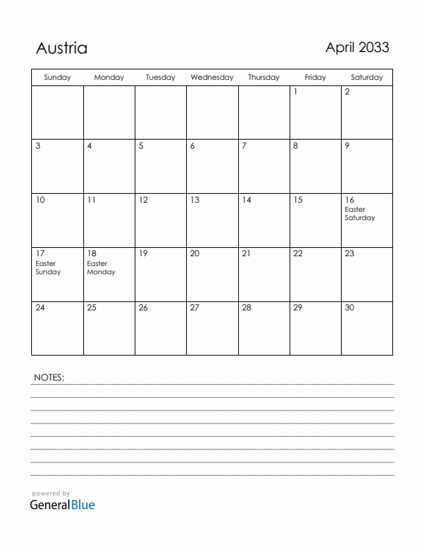 April 2033 Austria Calendar with Holidays (Sunday Start)
