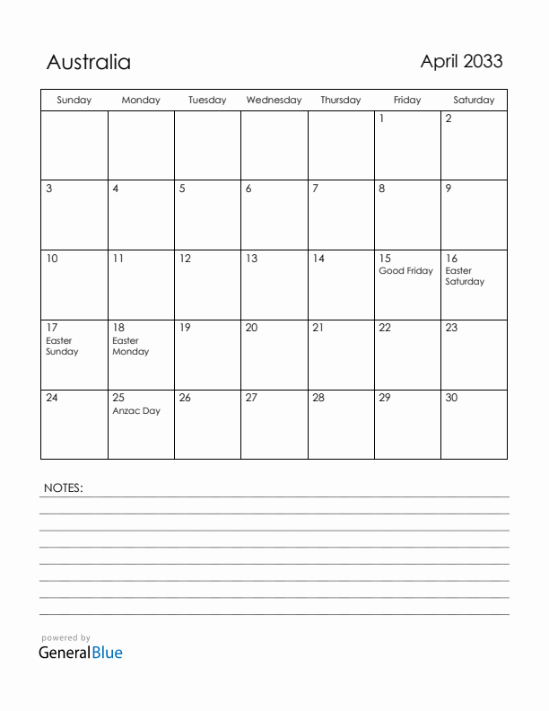 April 2033 Australia Calendar with Holidays (Sunday Start)