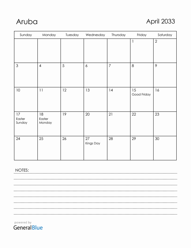 April 2033 Aruba Calendar with Holidays (Sunday Start)