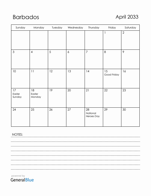 April 2033 Barbados Calendar with Holidays (Sunday Start)