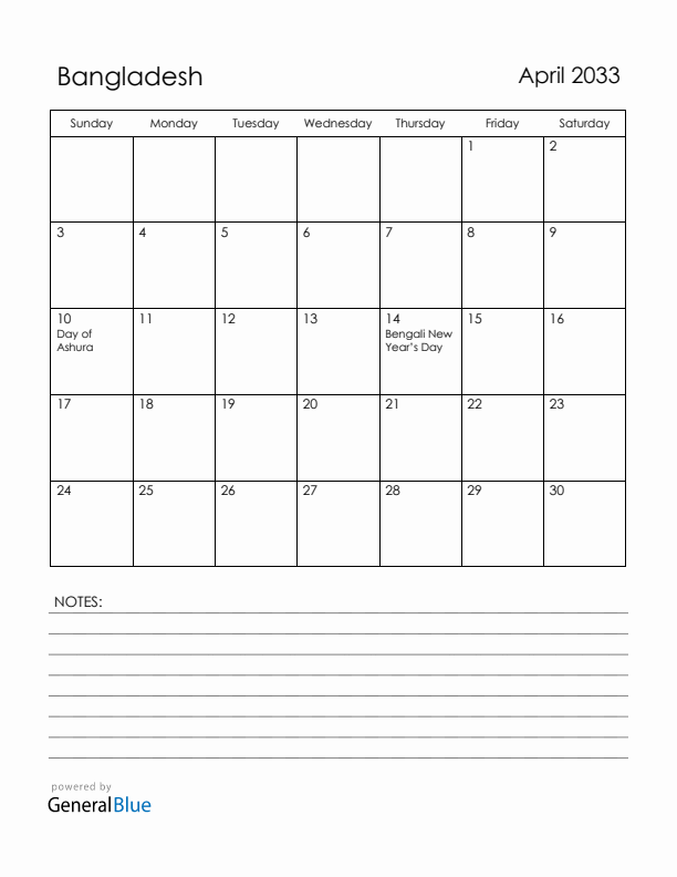 April 2033 Bangladesh Calendar with Holidays (Sunday Start)