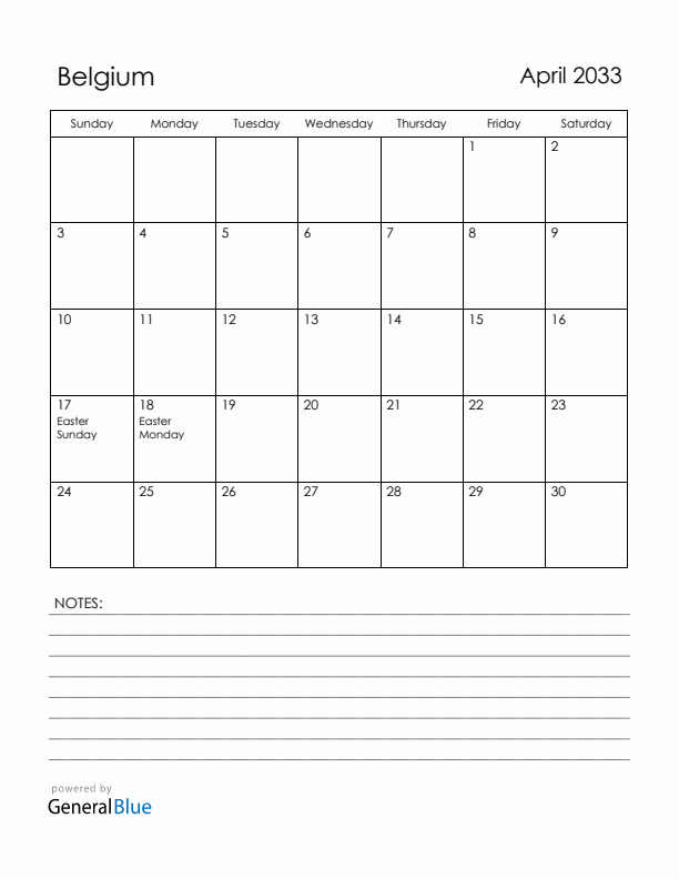 April 2033 Belgium Calendar with Holidays (Sunday Start)