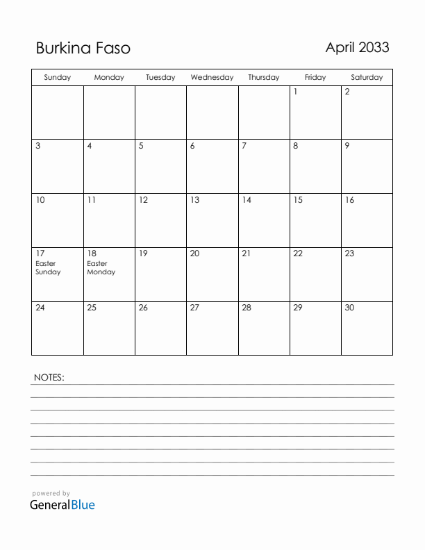 April 2033 Burkina Faso Calendar with Holidays (Sunday Start)