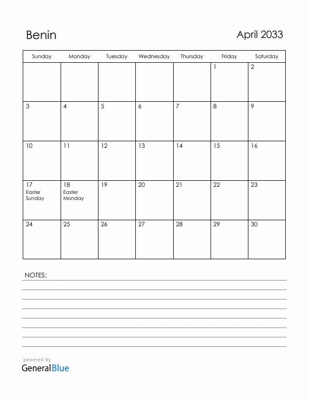 April 2033 Benin Calendar with Holidays (Sunday Start)