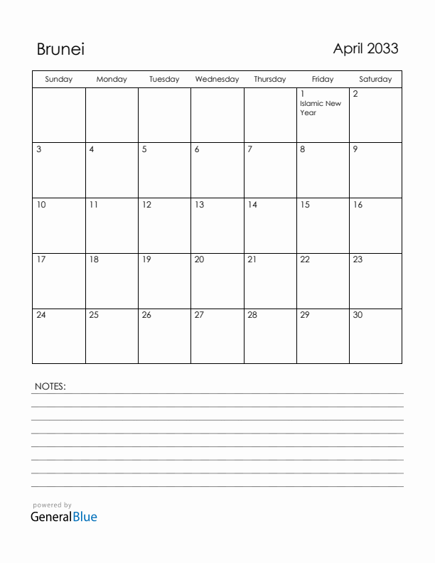 April 2033 Brunei Calendar with Holidays (Sunday Start)