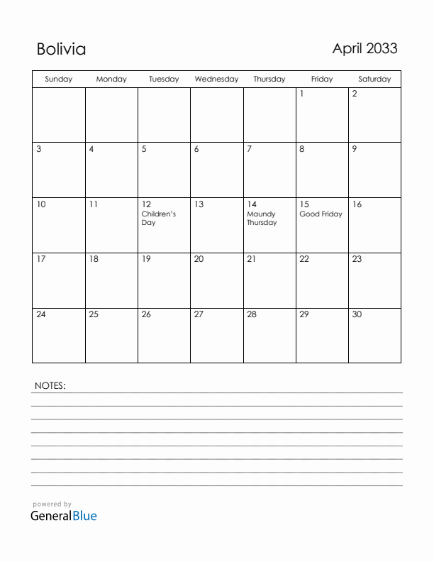 April 2033 Bolivia Calendar with Holidays (Sunday Start)