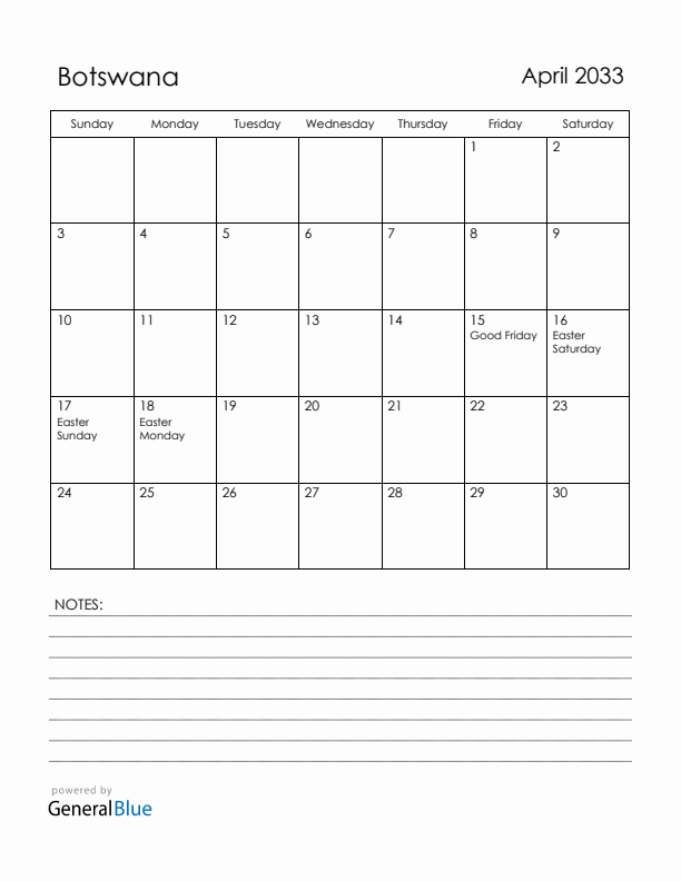 April 2033 Botswana Calendar with Holidays (Sunday Start)