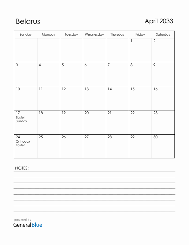 April 2033 Belarus Calendar with Holidays (Sunday Start)