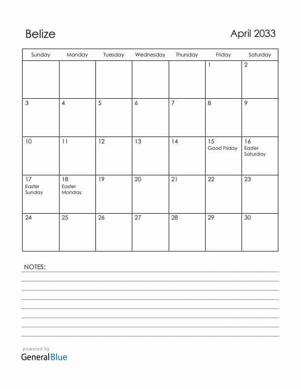April 2033 Belize Calendar with Holidays (Sunday Start)