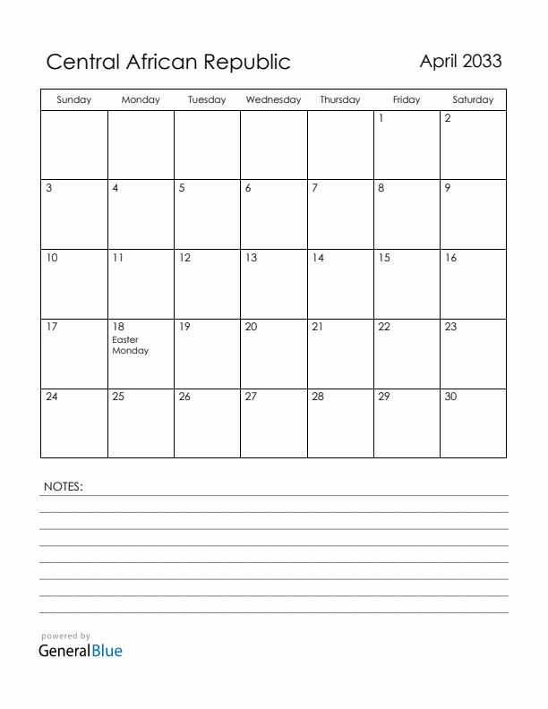 April 2033 Central African Republic Calendar with Holidays (Sunday Start)
