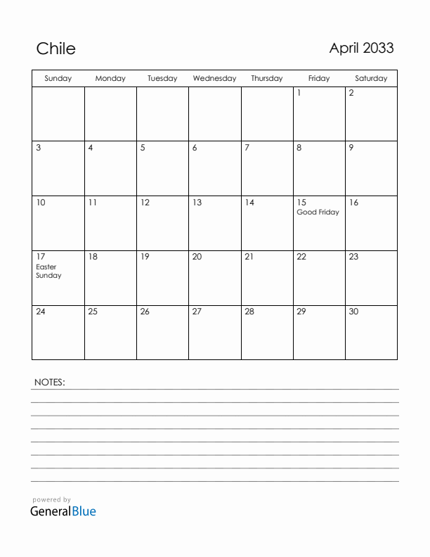 April 2033 Chile Calendar with Holidays (Sunday Start)